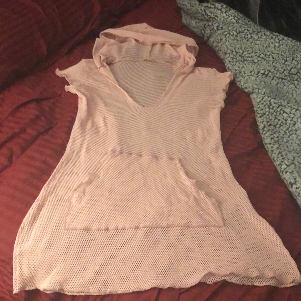 Pink fishnet hoodie cover-up dress/ shirt kangaroo